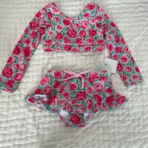 SweetHoney Girls Floral Long-Sleeve Bikini Set in Pink and Aqua